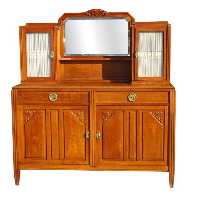 Vintage Oak Buffet with Sentry Boxes and Mirror For Sale