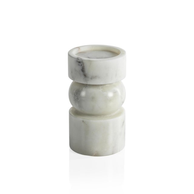 Marrakesh Marble Pillar Candle Holders, Set of 2, Small For Sale - Image 4 of 4
