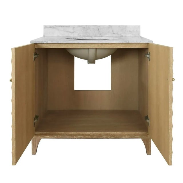 Matthew Izzo Home Rhodes Fluted Cerused Oak, Two Door, Single Sink Bathroom Vanity - Carrara Marble Top, Porcelain Sink, Brass Hardware For Sale - Image 9 of 10