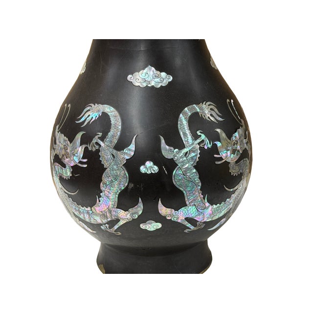 Vintage Metal Black Paint Mother of Pearl Double Dragon Art Vase For Sale - Image 12 of 12