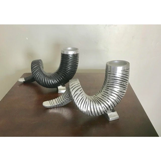 Silver Black and Silver Color Metal Ram Horn Candle Holders - a Pair For Sale - Image 8 of 8