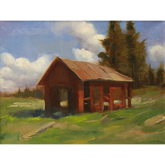The remains of an old house by Ali Ghassan | Oil Painting of a dilapidated house in a field For Sale