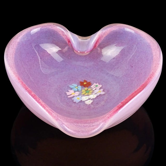 Mid 20th Century Vintage Murano Fratelli Toso Millefiori Wild Flowers Pink Opalescent Italian Art Glass Heart Bowl For Sale - Image 5 of 8