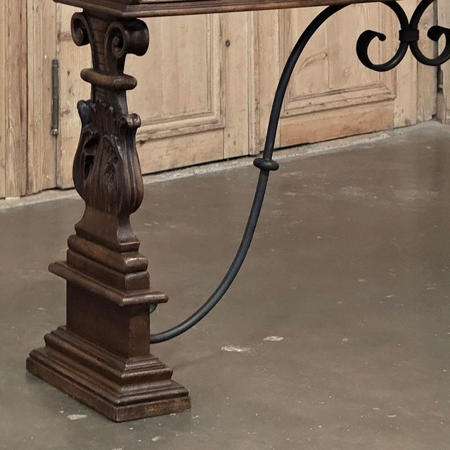 Wood Mid Century Spanish Walnut Sofa Table ~ Console With Hand Forged Iron Stretcher For Sale - Image 7 of 18