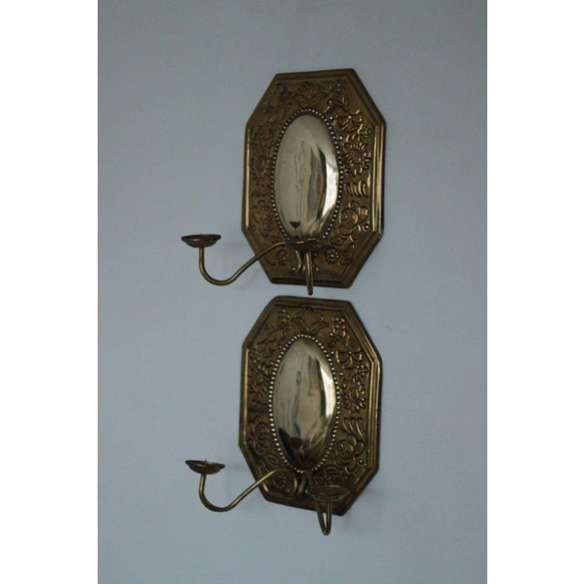 Pair of Mid-Century Swedish Brass Octagonal Double Arm Sconces Elegant Swedish mid-century brass wall sconces featuring a...