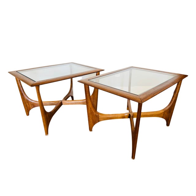 Vintage Lane Silhouette Mid-Century Modern Walnut Side Tables, Pair – Sculptural X-Stretcher Base with Inset Glass Tops A...