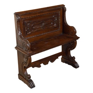 Italian 19th Century Walnut Hall Bench with Carved Back and Large Volutes For Sale