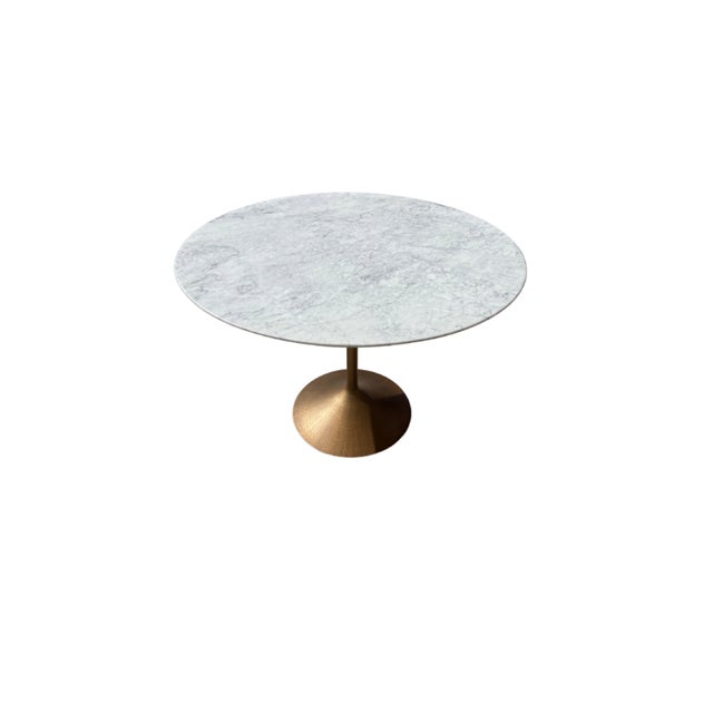 Brass Rh Aero Stone Round Dining Table | Italian Carrara Marble Top, Antique Brass Base | Open Box For Sale - Image 8 of 15