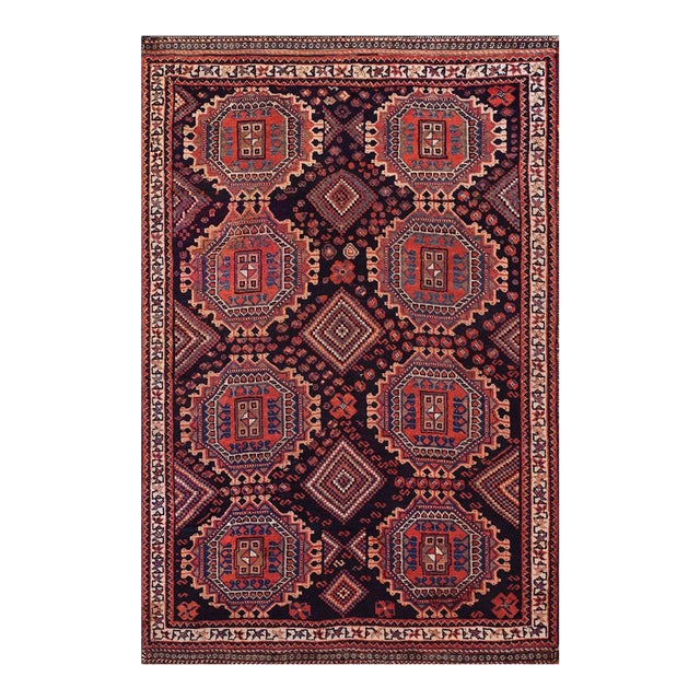 Wonderful Navy Blue Background With Vibrant Details Geometric Pattern Antique Persian Tribal Afshar Rug For Sale