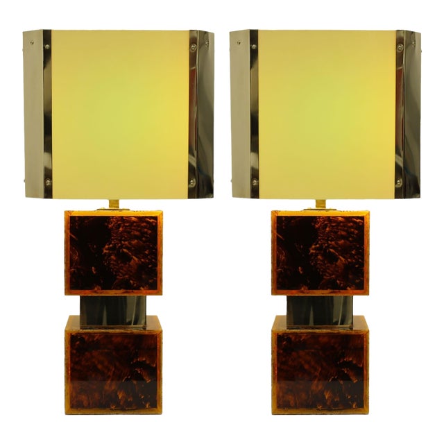 1970s Brazilian Acrylic, Resin and Brass Custom Table Lamps - a Pair For Sale