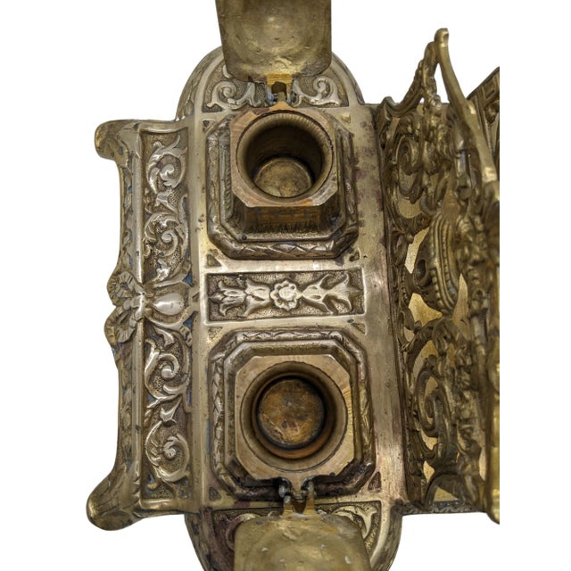 Early 20th Century Antique Brass Double Inkwell Stand and Letter Holder Desk Organizer For Sale - Image 6 of 9