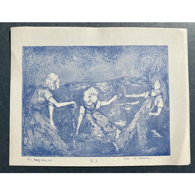 "Me. Jo and Reg" etching on paper by Sue Cohen; pencil signed, titled and numbered as an artist proof.