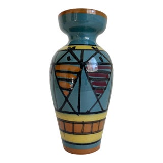 Italian Fish Painted Pottery Vase, Mid Century Modern For Sale