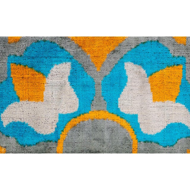 Handmade Velvet Throw Pillow With Blue, Yellow, and Gray & Down Feather Insert For Sale - Image 4 of 6