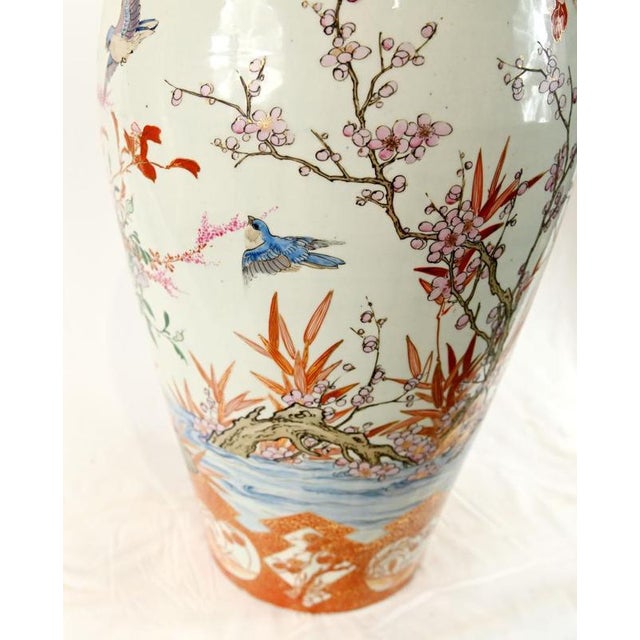 Antique Japanese Satsuma Porcelain Floor Vases with Bird and Blossom Decoration, Set of 2 For Sale - Image 6 of 10