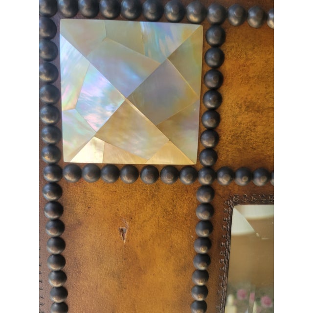 ​vintage Grand Scale Studded Leather and Mother-of-Pearl Inset Wall Mirror For Sale - Image 11 of 12