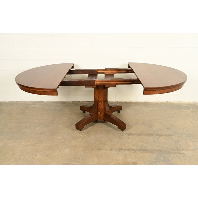 Stickley Brothers Style Antique Mission Oak Arts & Crafts Pedestal Extension Dining Table, Newly Refinished For Sale In South Bend - Image 6 of 13