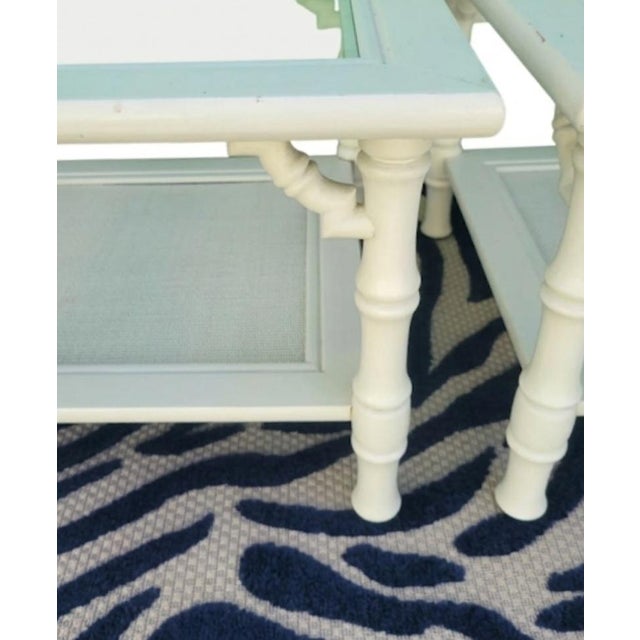 White Vintage Mersman Faux Bamboo Cane Palm Beach White Glass Top Side Tables- a Pair For Sale - Image 8 of 11