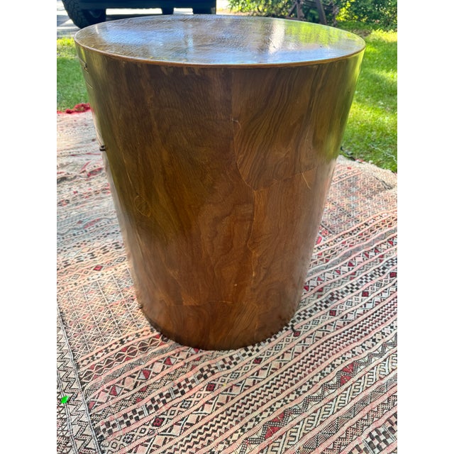 Attributed to William Switzer Postmodern MCM Burl Walnut Drum Table / Nightstand For Sale - Image 9 of 12