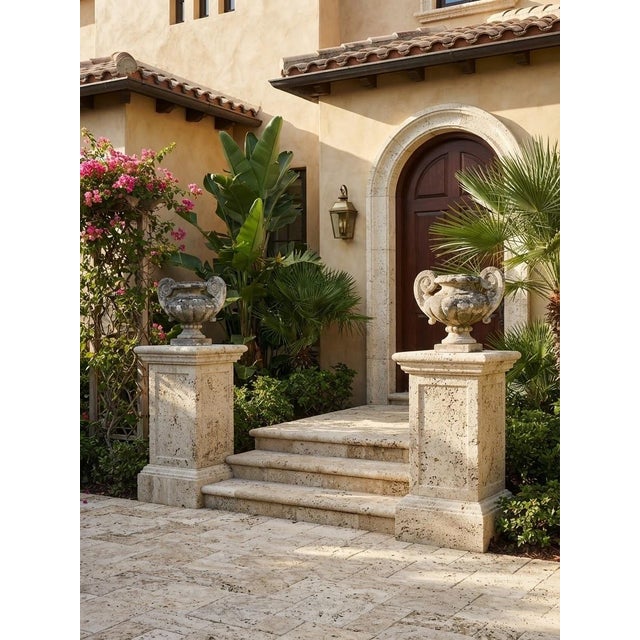 Pair of Vintage Weathered Cast Stone Classical Garden Urns With Scroll Handles For Sale - Image 10 of 12