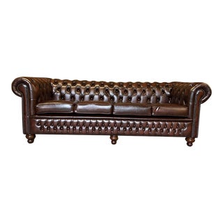* Vintage Mid-Century English Leather Button Tufted Chesterfield 4 Seat Sofa, Brown For Sale