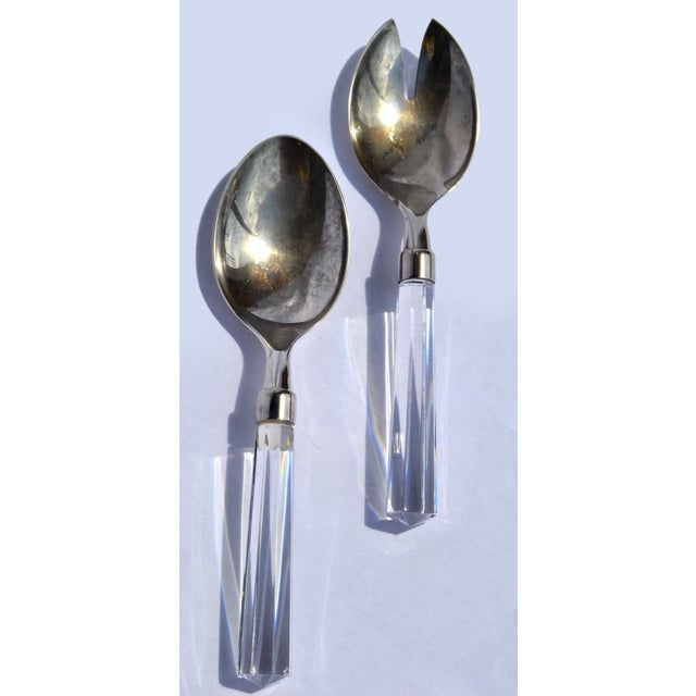 1960s Christofle Hotel Style Serving Silverplate Spoons Faceted Crystal Handle - Set of 2 For Sale - Image 11 of 12