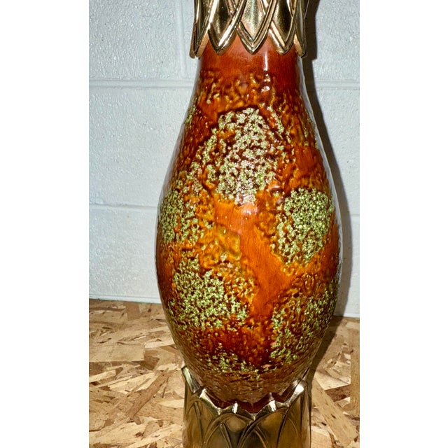 Mid-Century Modern Mid 20th Century Mid-Century Modern Pottery Ceramic Lamp Spot Glazed in Burnt Orange and Mint Green For Sale - Image 3 of 9