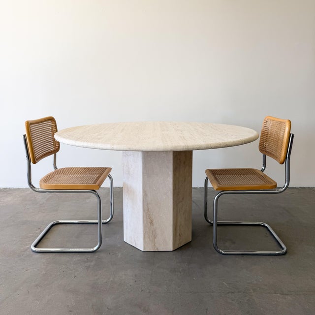 Mid-Century Modern Vintage 1980s Round Travertine Dining Table With Hexagonal Pedestal Base For Sale - Image 3 of 10