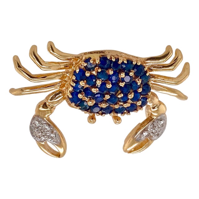 Vintage 14k Gold Sapphire & Diamond Crab Pin / Pendant For Sale