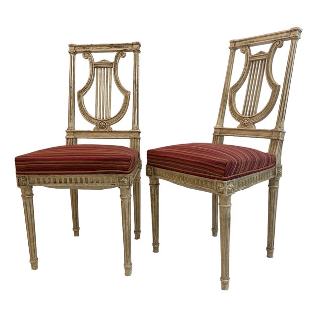 Late 19th Century Louis XVI Style Painted Lyre Back Chairs - A Pair For Sale