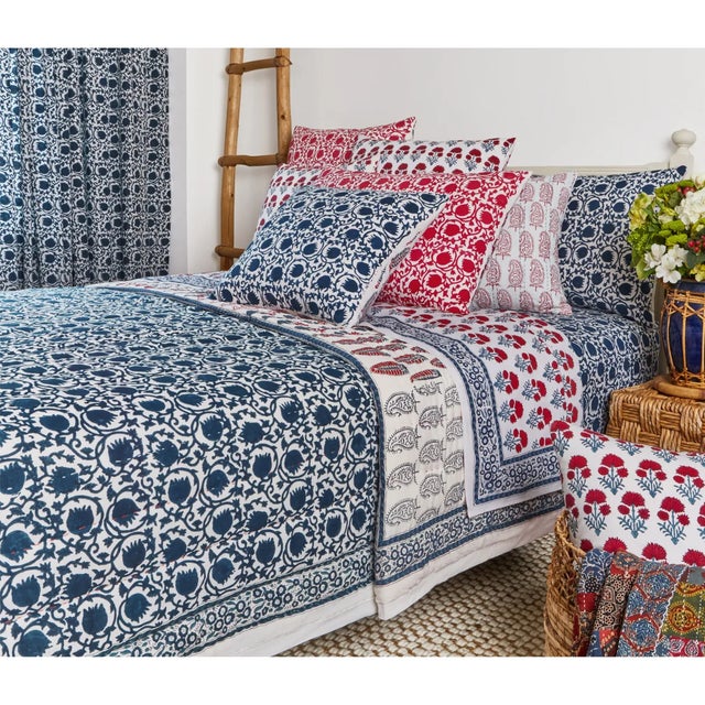 Checkerboard-Lotus Twin Blue & Red Reversible Quilt For Sale - Image 4 of 6