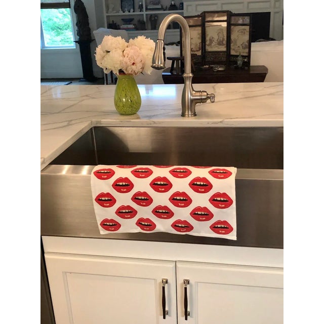 Our custom tea towels give a whole new meaning to "kiss the cook!" private label Mommani Bisous Bisous! fabric - 55% linen...