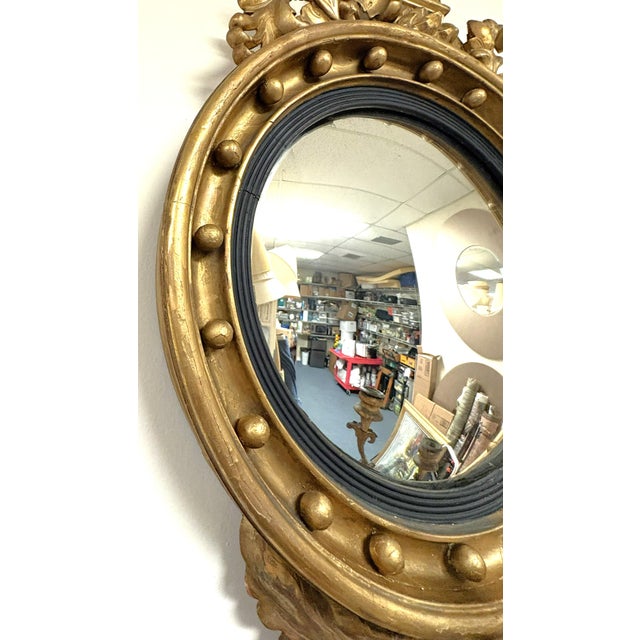 Wood 19th Century Federal Convex Bullseye Mirror With Eagle Pediment and Three Candle Holders For Sale - Image 7 of 18