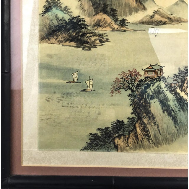 Beige Framed Original Watercolor Paintings Asian Landscapes a Pair For Sale - Image 8 of 12