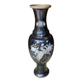 1970s Tall Black Asian Mother of Pearl Peacock Details Vase For Sale