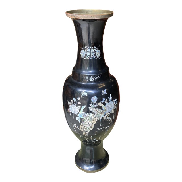 1970s Tall Black Asian Mother of Pearl Peacock Details Vase For Sale