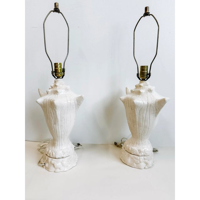 Metal Vintage Pair of White Ceramic Coastal Conch Shell Lamps For Sale - Image 7 of 12