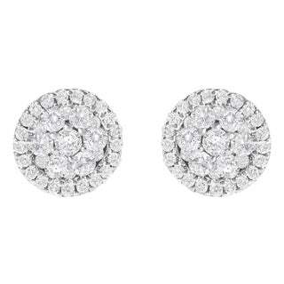 14K White Gold 1.0 Cttw Brilliant-Cut Diamond Halo-Style Cluster Round Button Stud Earrings (H-I Color, I1-I2 Clarity) For Sale