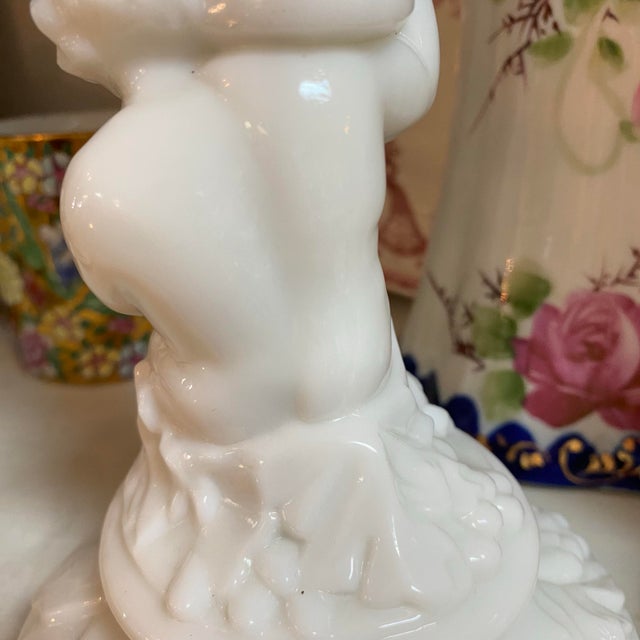 Glass Cherub Milk Glass Candle Stick Holders - A Pair For Sale - Image 7 of 8