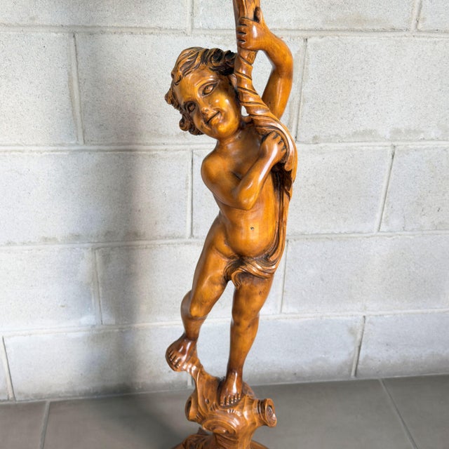 Vintage Italian Carved Wooden Cherub Pedestal Column from Artigianato Italiano, 1960s For Sale - Image 6 of 10