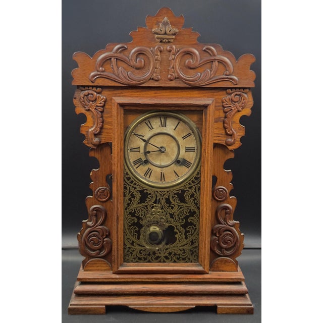 Antique New Haven "Maine Line" 8-Day Striking Stenciled Glass & Wood Case Mantel Clock For Sale - Image 18 of 18