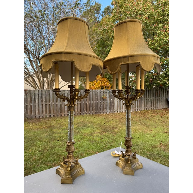 Mid 20th Century French Empire Gilt Bronze 5-Light Candelabra Lamps W/John Richard Shades For Sale - Image 10 of 18