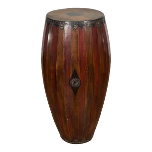 Antique Thai Two Toned Wooden Drum with Leather Top and Butterfly Motifs