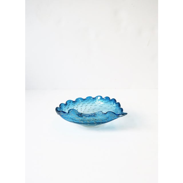 Italian Murano Blue Art Glass Bowl Scalloped Edge For Sale - Image 11 of 12