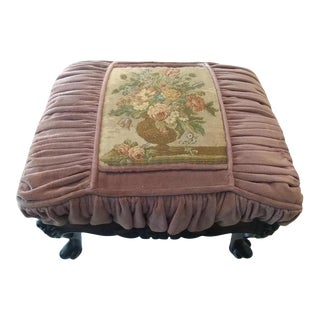 Antique Late 19th Century French Victorian Mahogany Hand Carved Wooden Footstool with Floral Tapestry Inset For Sale