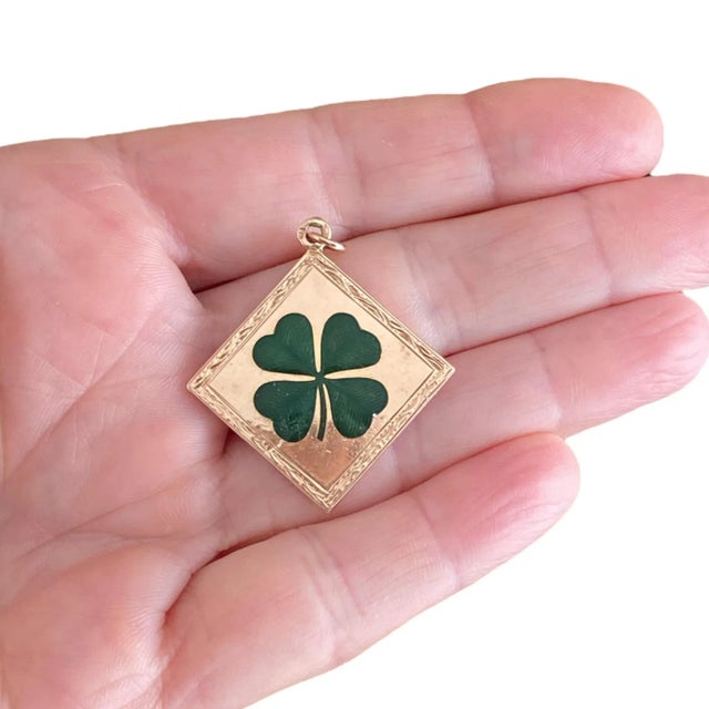 Green Antique 14k Rose Gold Enamel Four Leaf Clover Charm Pendant For Sale - Image 8 of 8