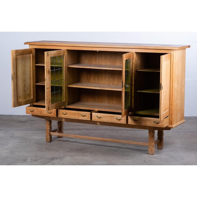 Brutalist Brutalist Danish Oak Highboard with Leaded Green Glass, 1960s For Sale - Image 3 of 9