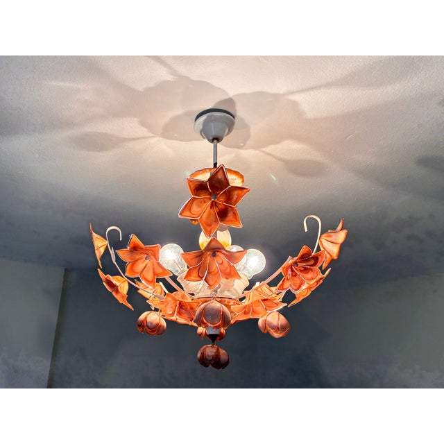 Art Deco Vintage Italian Murano Style Amber Brown Floral Chandelier - Porcelain Body With Crystal Teardrops For Sale - Image 3 of 18