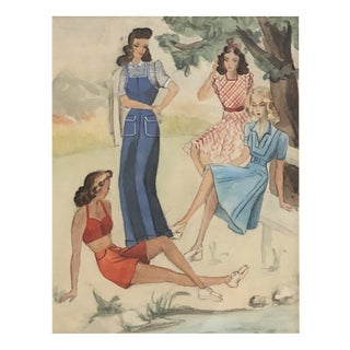 John Reitz, Dames en conversation, Mixed Media on Paper, Framed For Sale