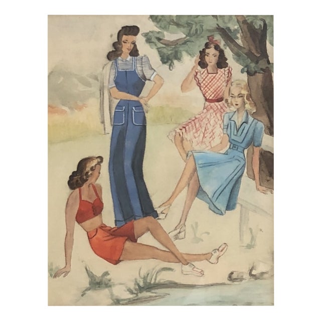 John Reitz, Dames en conversation, Mixed Media on Paper, Framed For Sale